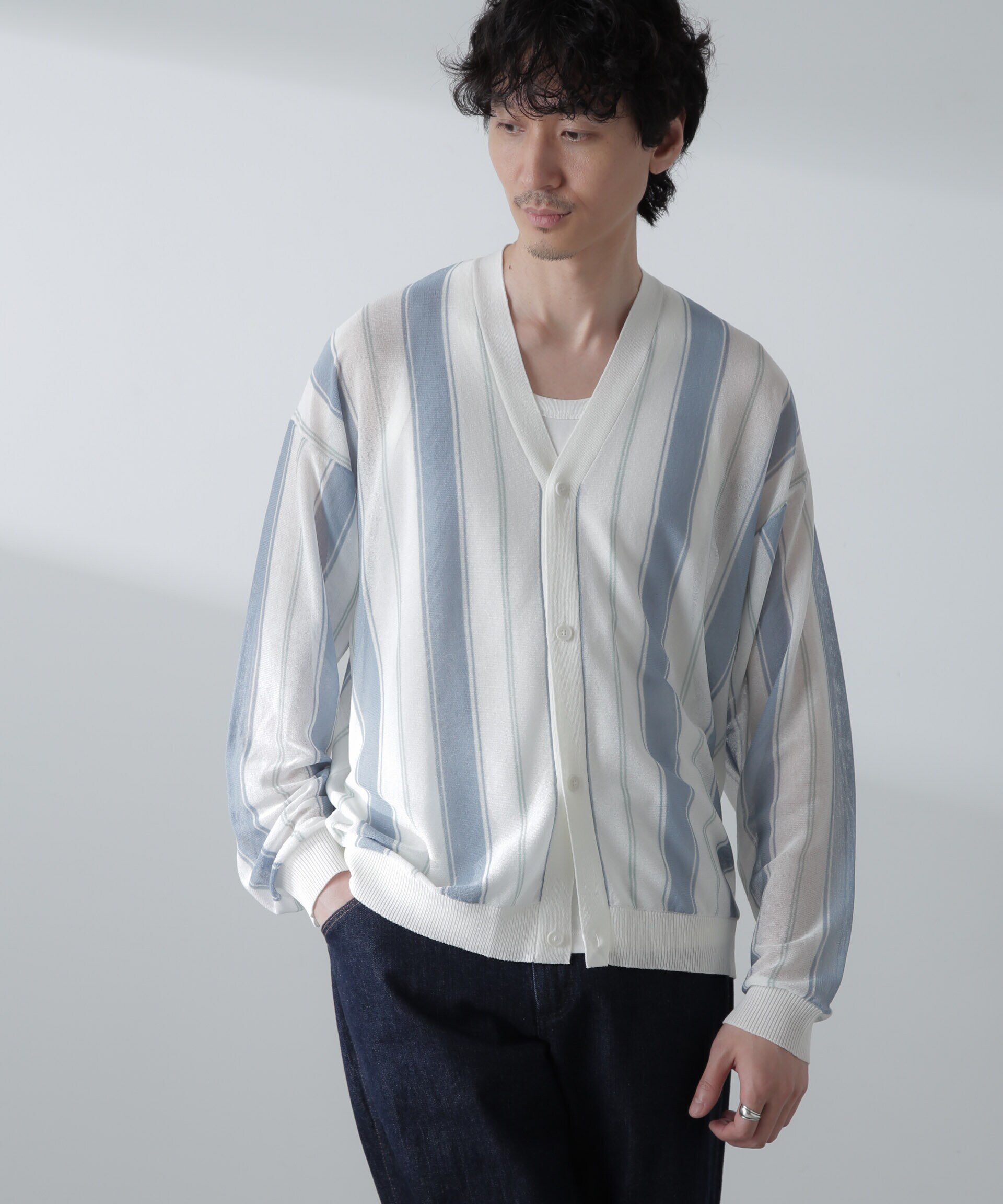 nano･universe「シアーストライプカーディガン」|ニット・セーター|ブルー