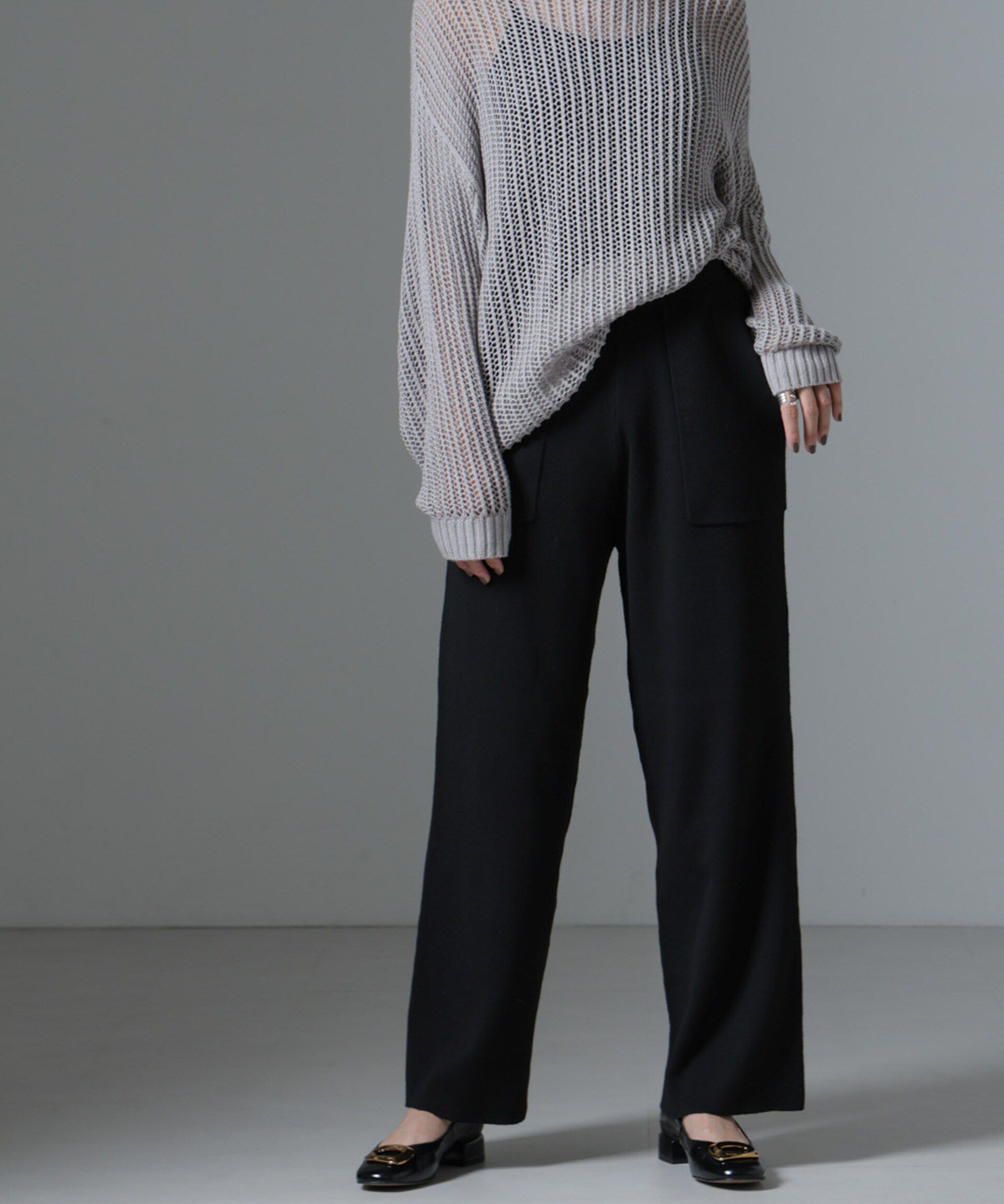 nano･universe「ポケットニットワイドパンツ（セットアップ可）」|チノ|ブラック