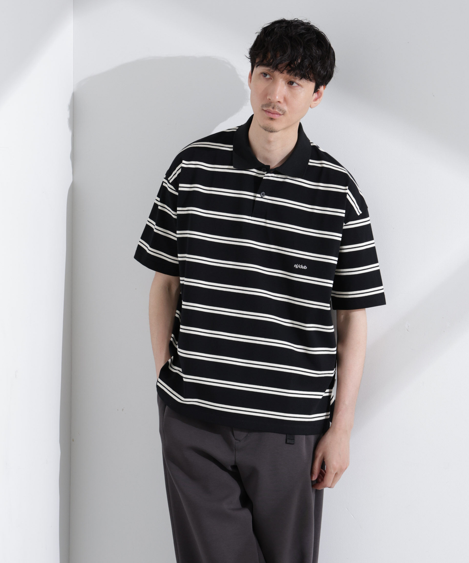nano･universe「「NJ/CLUB」 オーバーサイズボーダーポロシャツ」|Tシャツ・カットソー|ブラック