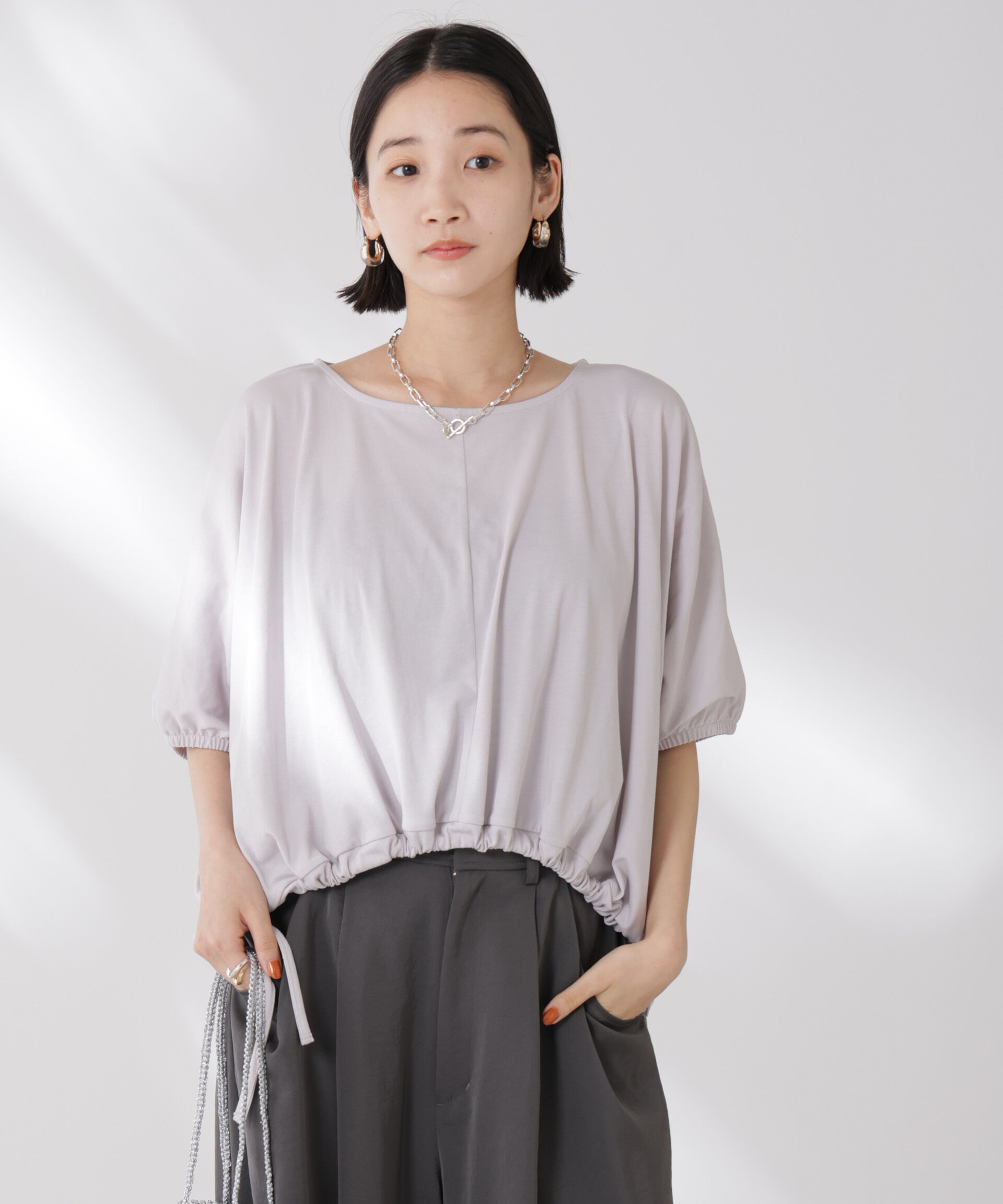 nano･universe「吸水速乾抗菌防臭クロップドドロストトップス」|Tシャツ・カットソー|L.グレー1