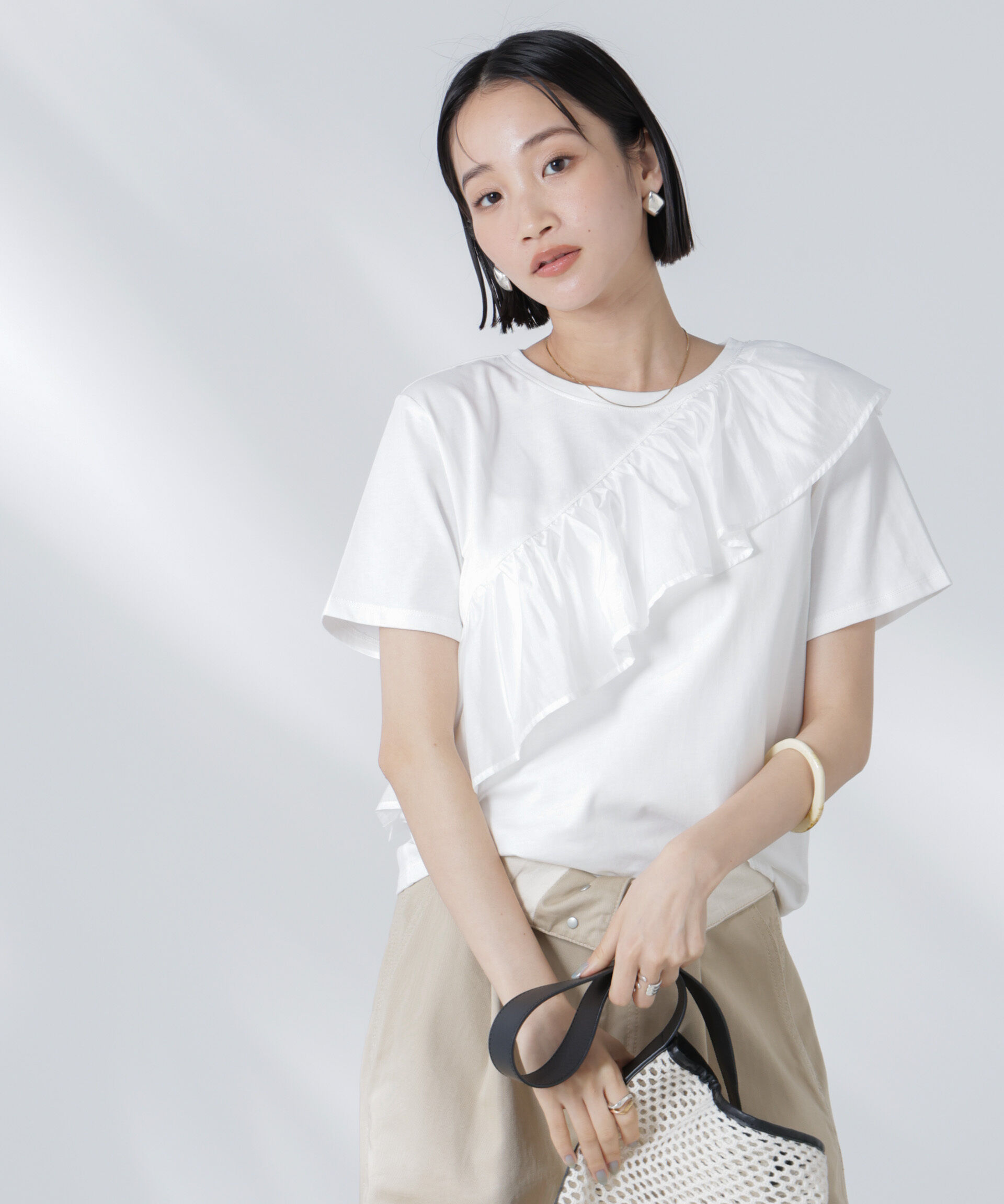 nano･universe「アシンメトリーフリル異素材コンビTシャツ」|Tシャツ・カットソー|