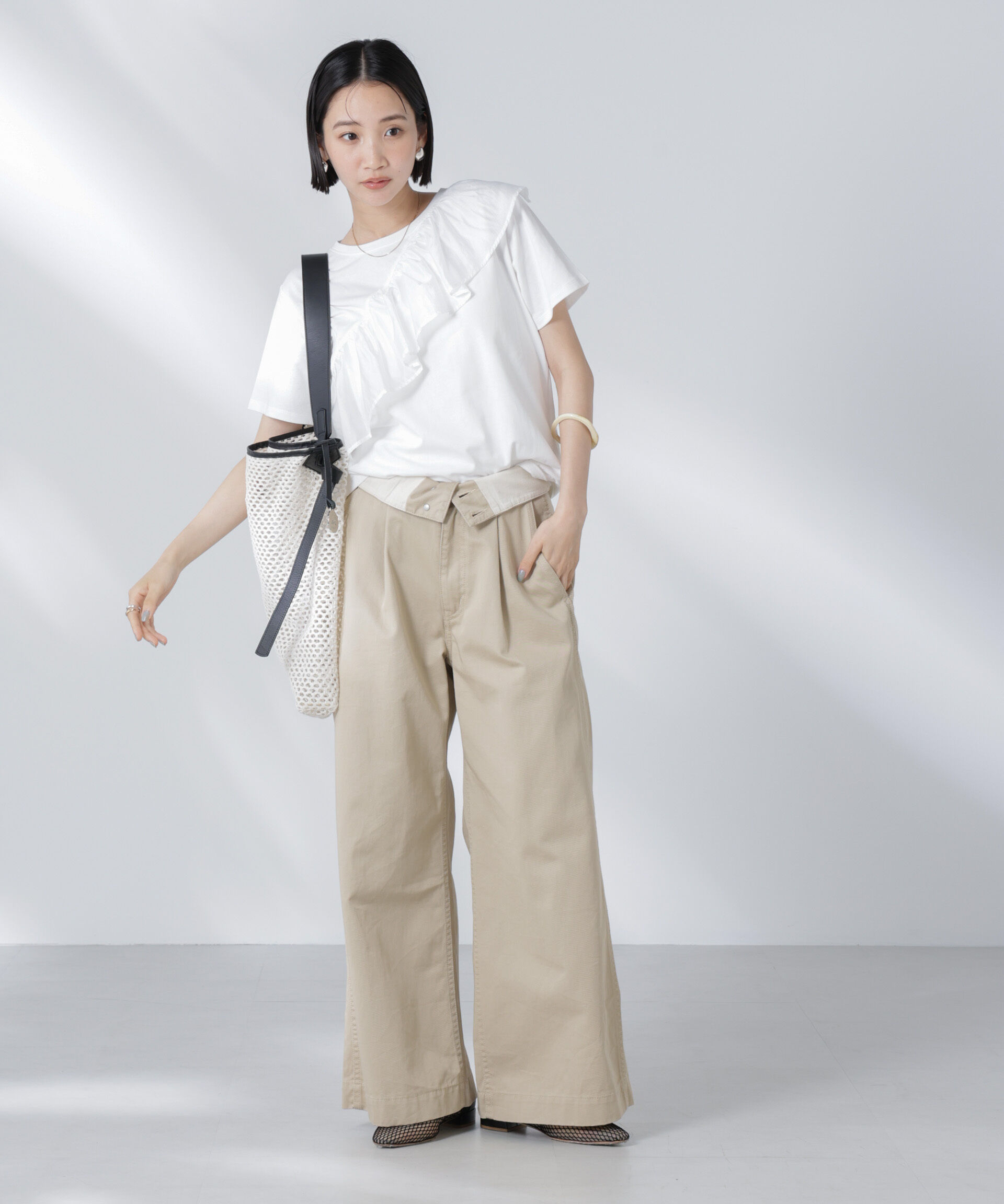 nano･universe「アシンメトリーフリル異素材コンビTシャツ」|Tシャツ・カットソー|