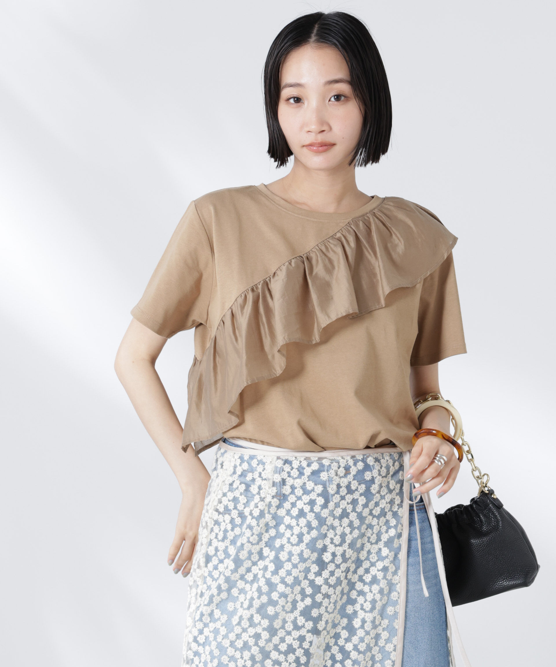 nano･universe「アシンメトリーフリル異素材コンビTシャツ」|Tシャツ・カットソー|