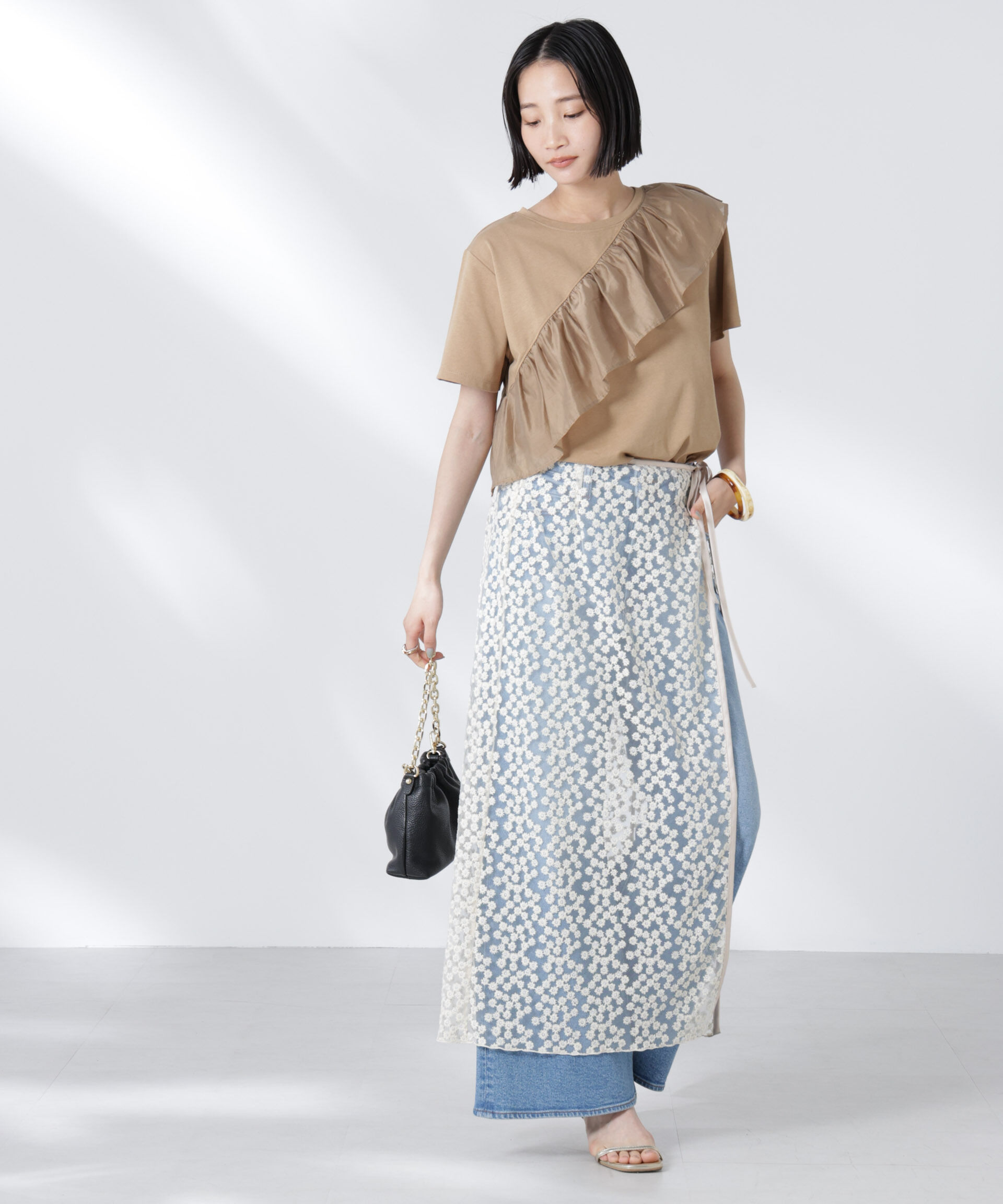 nano･universe「アシンメトリーフリル異素材コンビTシャツ」|Tシャツ・カットソー|