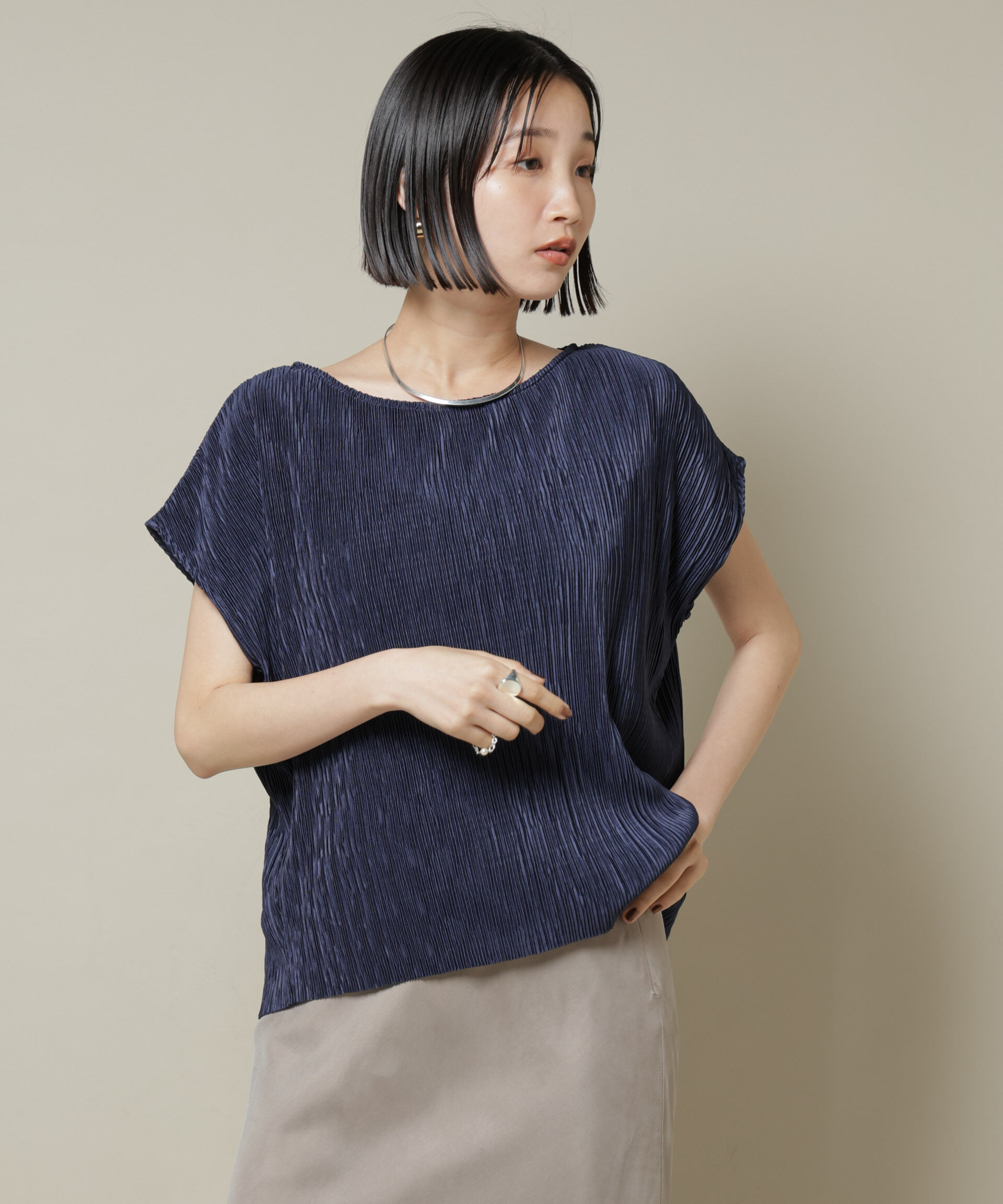 nano･universe「ランダムプリーツカットフレンチスリーブトップス(セットアップ可)」|Tシャツ・カットソー|