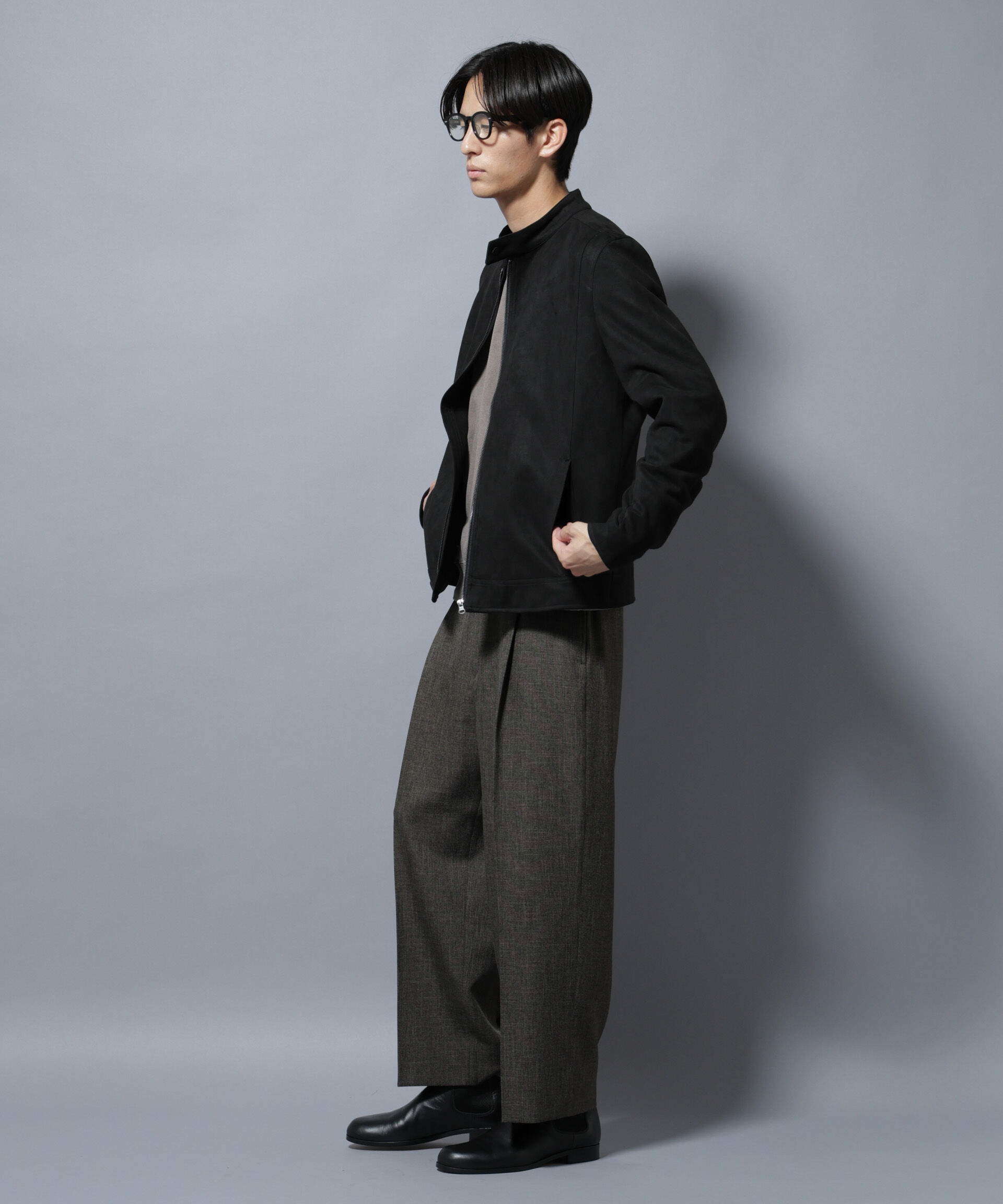 nano･universe「フェイクスエードシングルライダース」|ブルゾン・スタジャン|