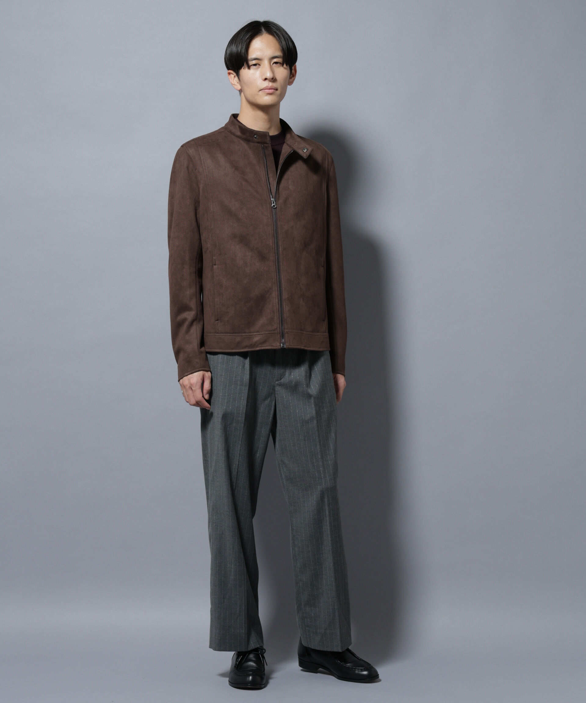 nano･universe「フェイクスエードシングルライダース」|ブルゾン・スタジャン|