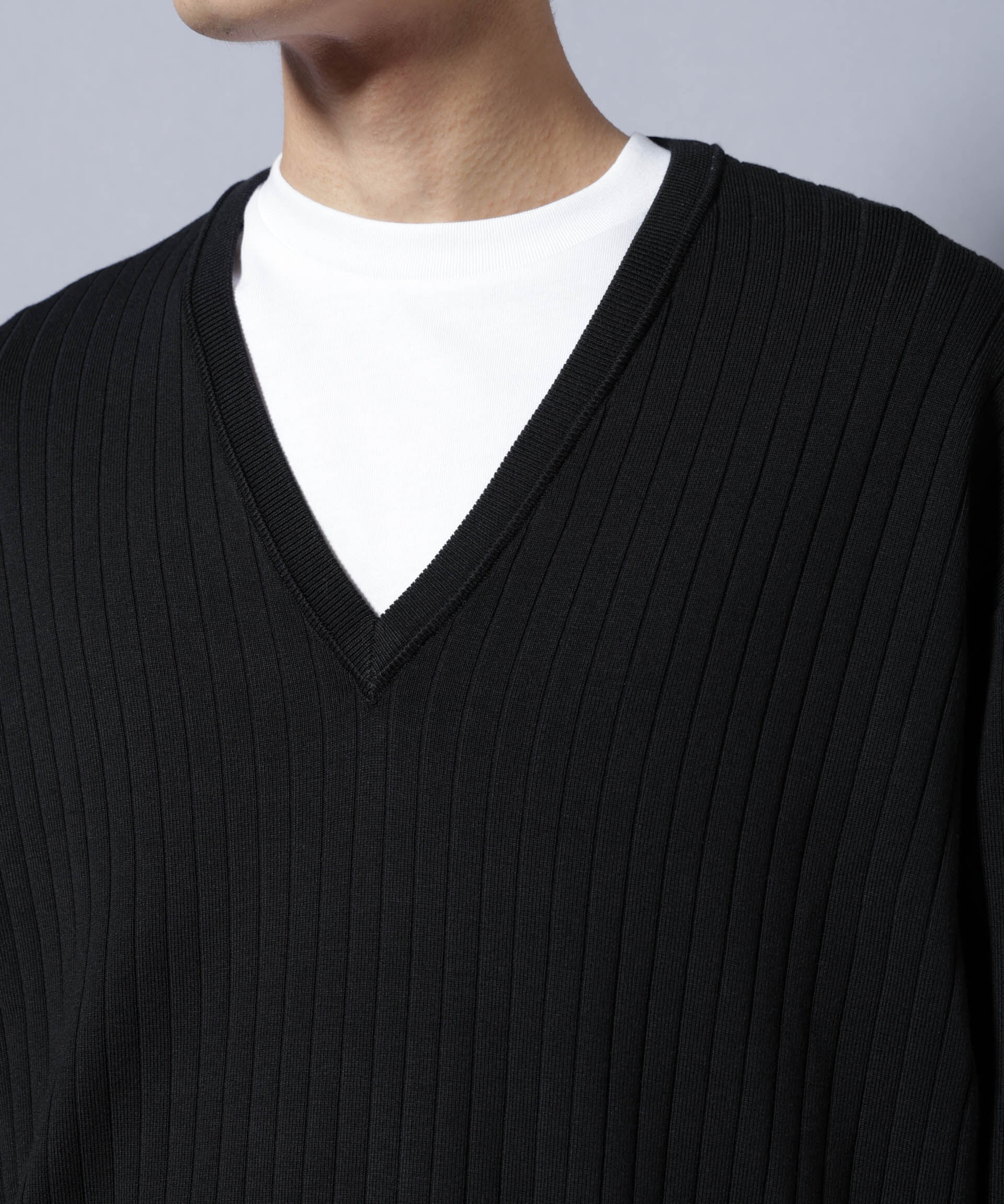 nano･universe「CICA&UVカット リブニットVネック」|ニット・セーター|