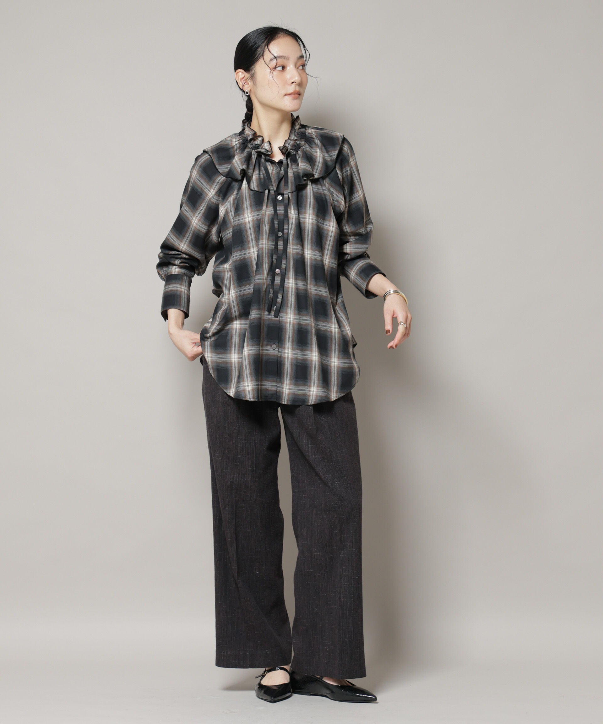 nano･universe「オンブレーチェックフリルカラーブラウス」|シャツ・ブラウス|