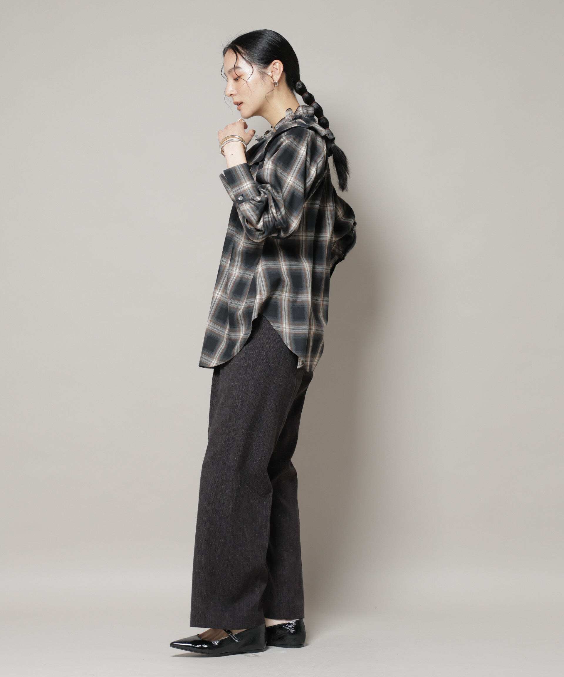 nano･universe「オンブレーチェックフリルカラーブラウス」|シャツ・ブラウス|