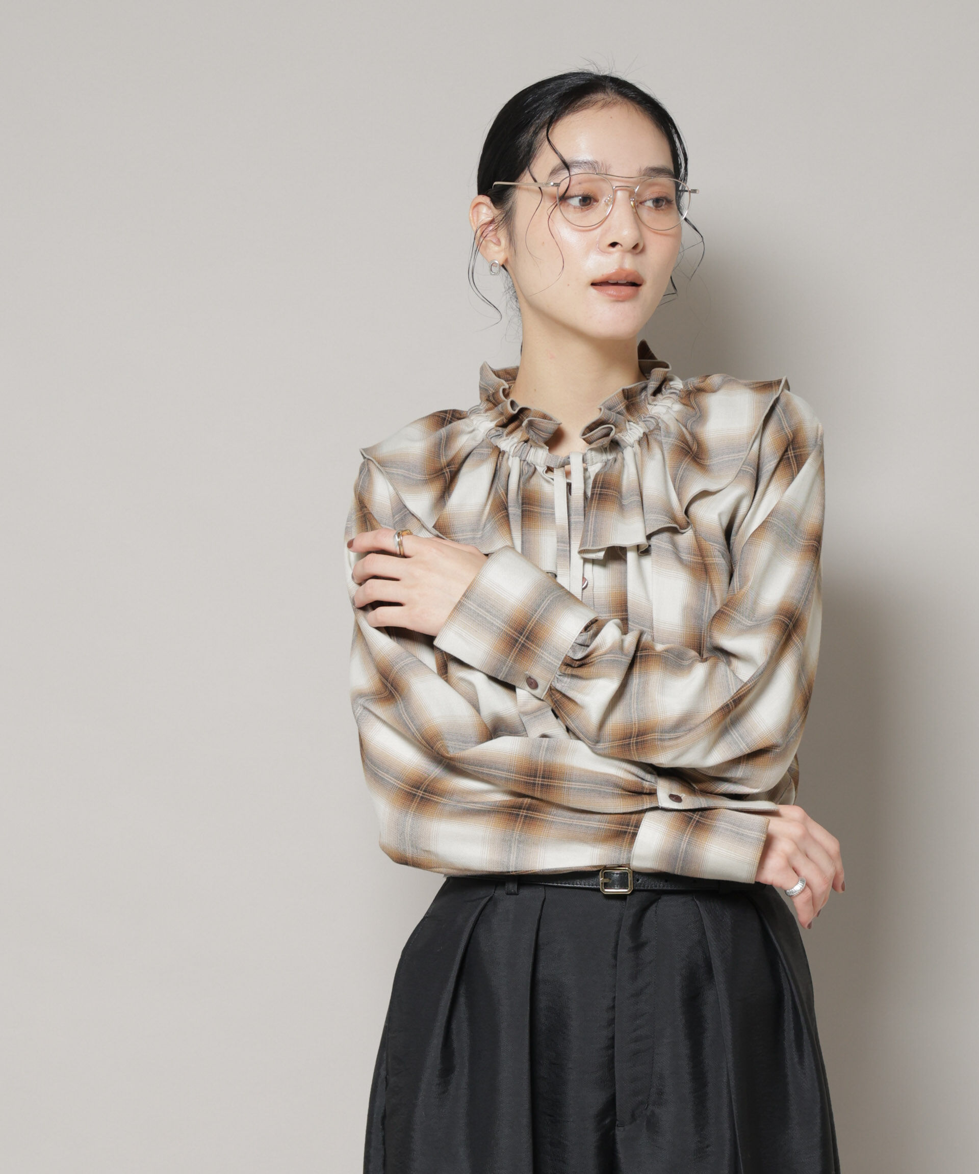 nano･universe「オンブレーチェックフリルカラーブラウス」|シャツ・ブラウス|