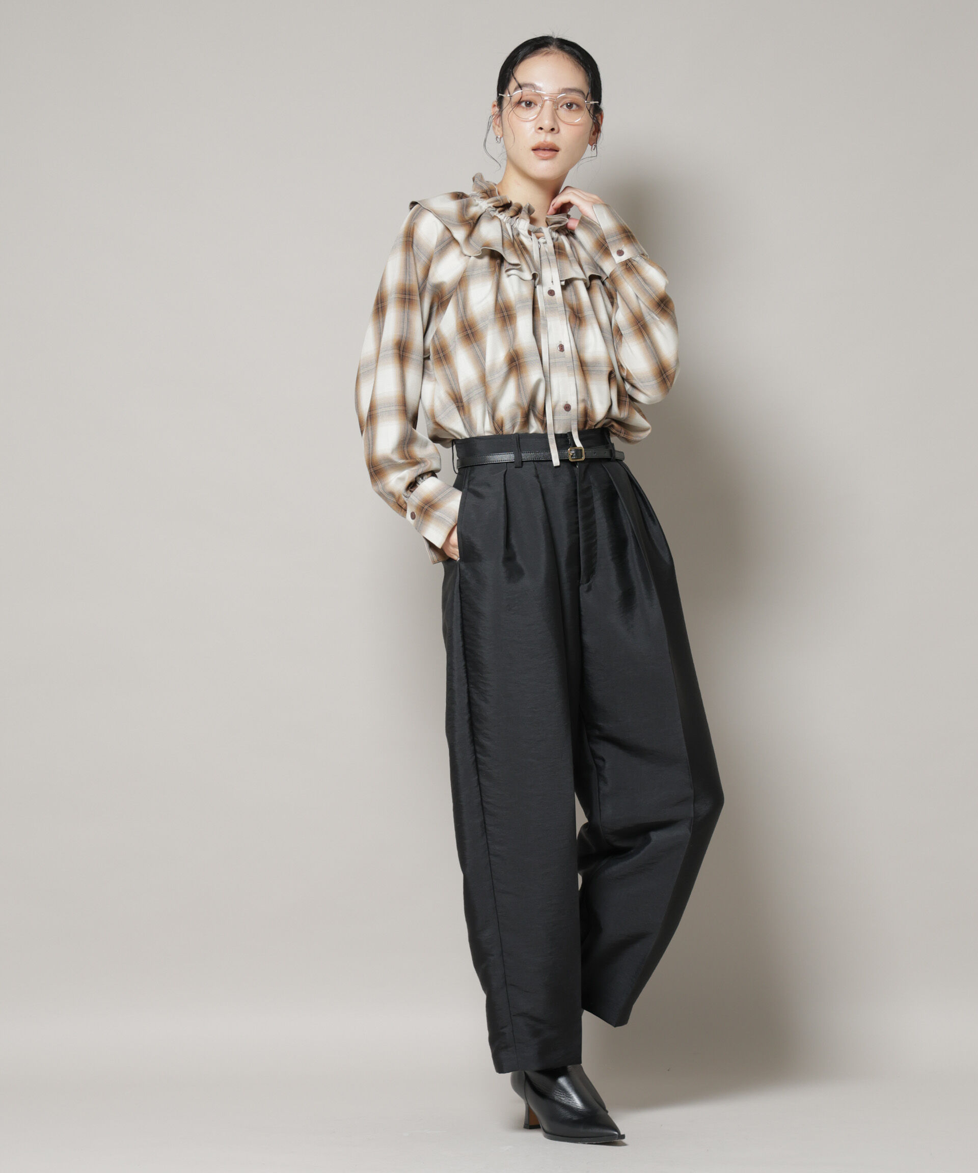 nano･universe「オンブレーチェックフリルカラーブラウス」|シャツ・ブラウス|