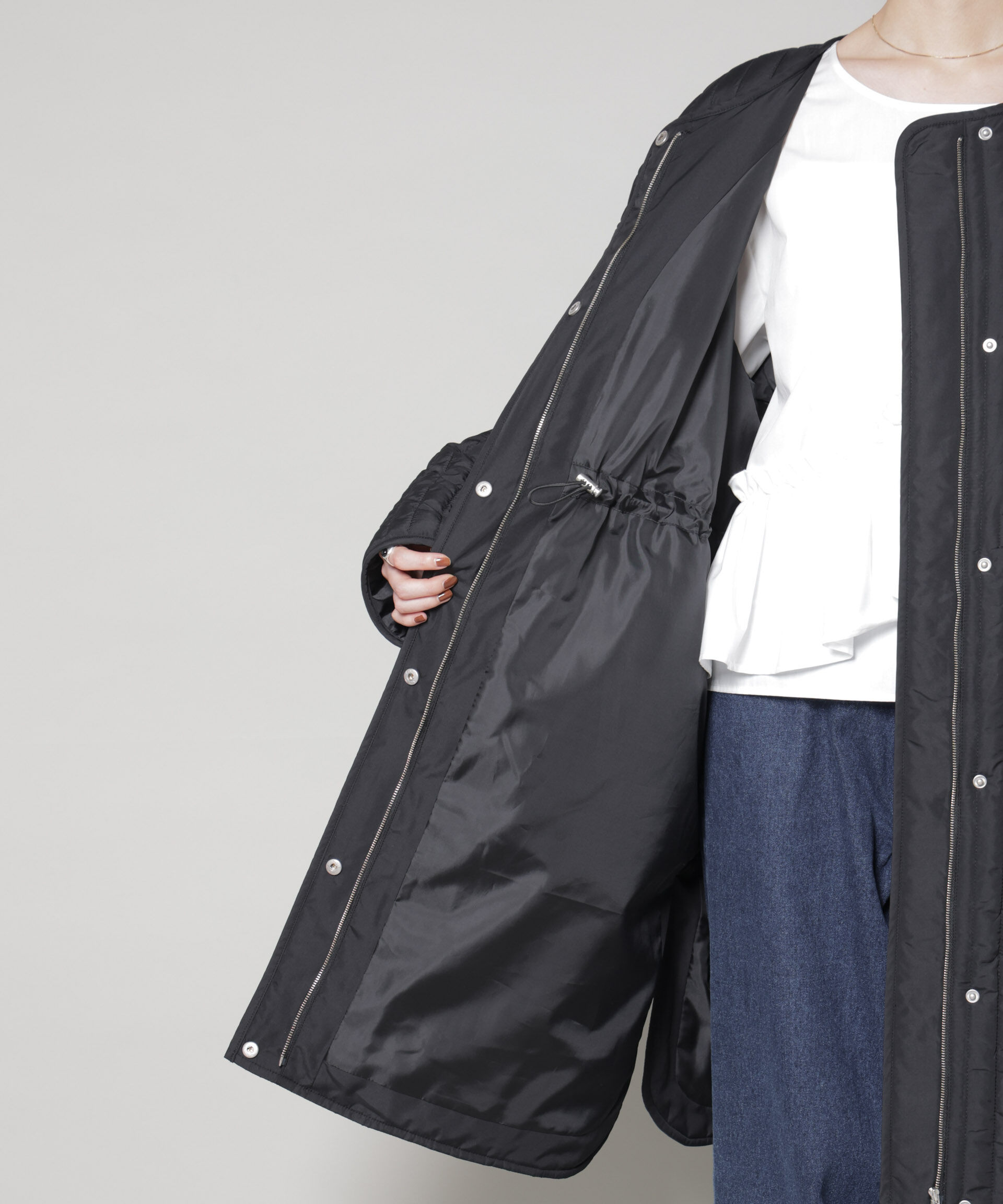 nano･universe「撥水加工 中綿キルティングウエストドロストノーカラーコート」|その他|