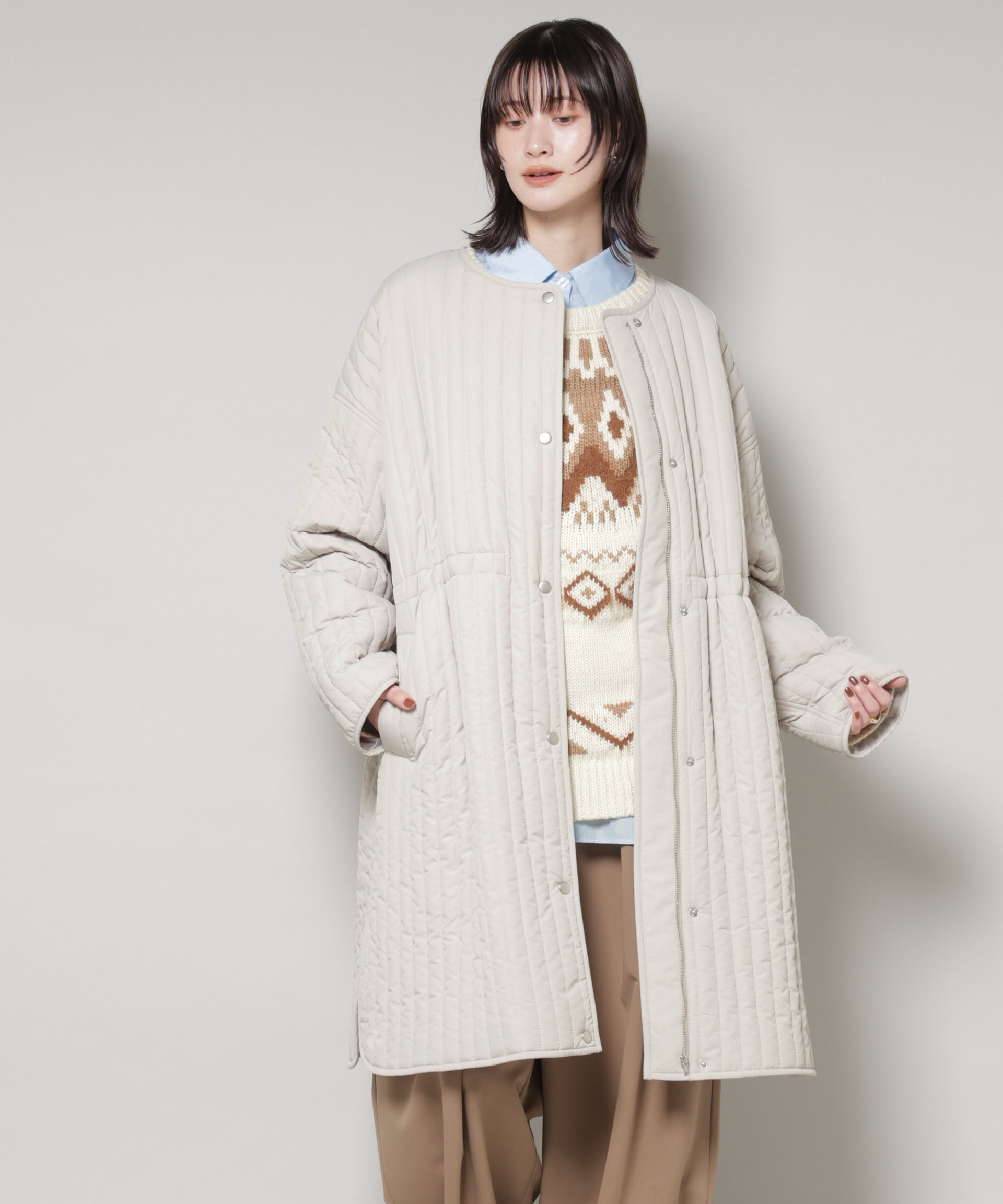 nano･universe「撥水加工 中綿キルティングウエストドロストノーカラーコート」|その他|ライトベージ 1