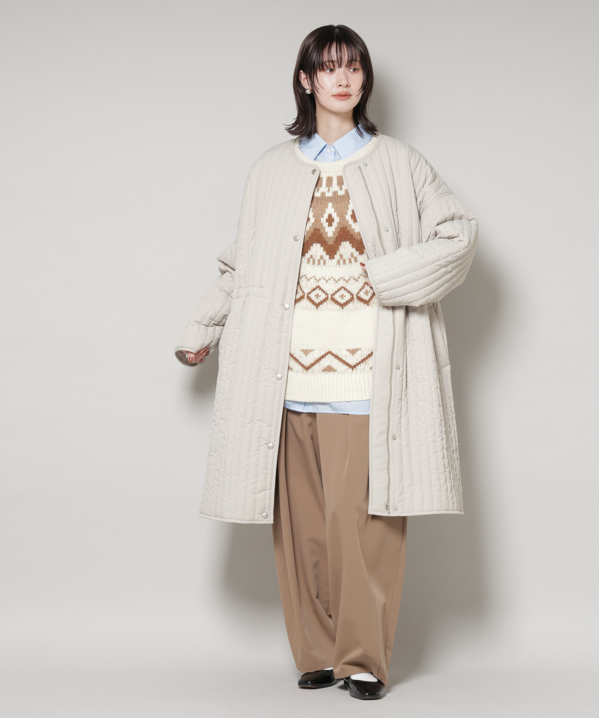 nano･universe「撥水加工 中綿キルティングウエストドロストノーカラーコート」|その他|