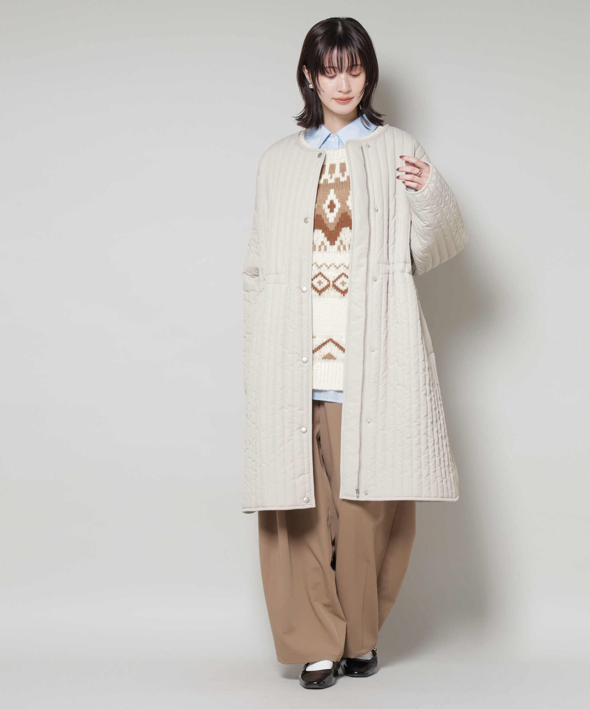 nano･universe「撥水加工 中綿キルティングウエストドロストノーカラーコート」|その他|