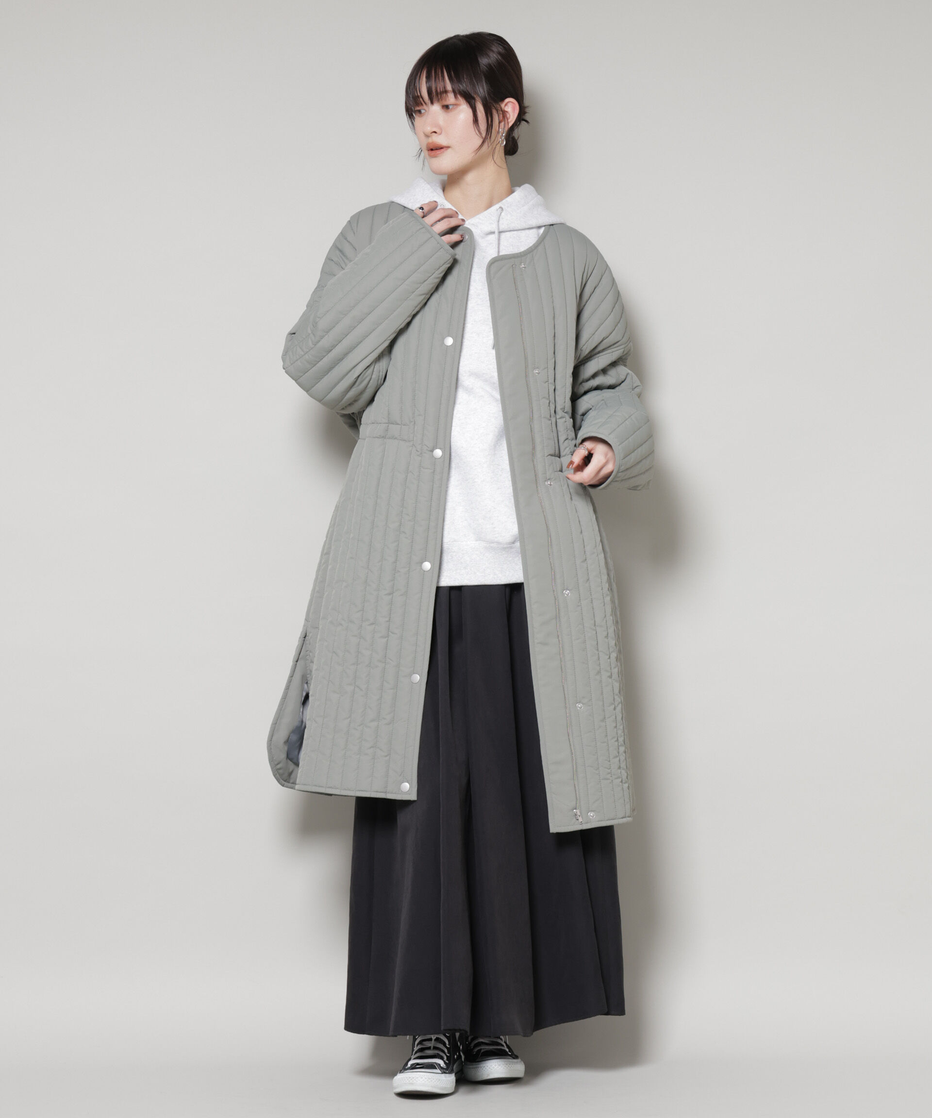 nano･universe「撥水加工 中綿キルティングウエストドロストノーカラーコート」|その他|