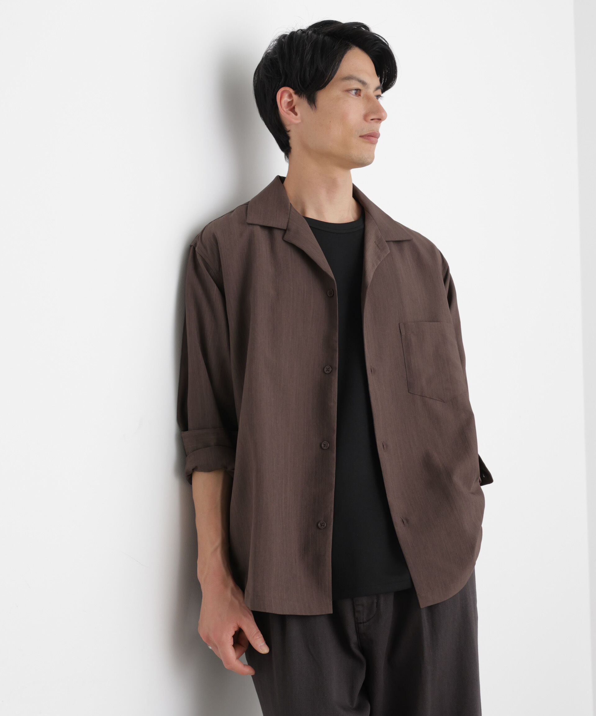 nano･universe「セオアルファ オープンカラーシャツ 長袖」|シャツ・ブラウス|ブラウン