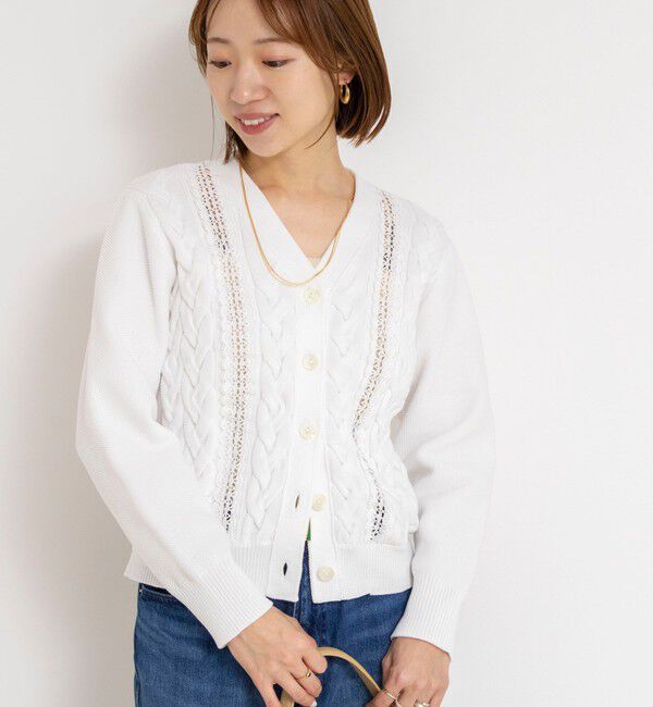 NOLLEY'S「《手洗い可能》ケーブルレースVネックカーディガン」|カーディガン|