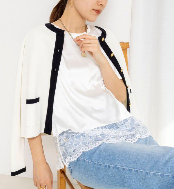 NOLLEY'S「ウォッシャブル裾レースオトナサテンＴシャツ」|シャツ・ブラウス|ホワイト