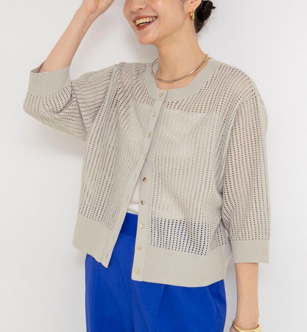 NOLLEY'S「《手洗い可能》メッシュスパンコール6分袖カーディガン」|カーディガン|グレーベージュ