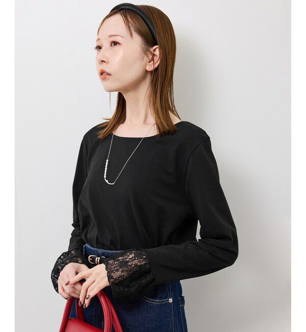 Rope&rsquo;Picnic「袖レースカットトップス」|Tシャツ・カットソー|ブラック(01)