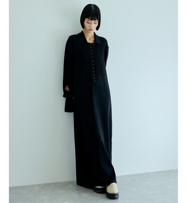 ADAM ET ROPE'「【洗える】ボタンニットポロワンピース」|ワンピース|ブラック(01)