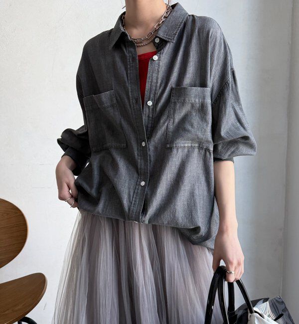  「袖リブシアーデニムシャツ」|シャツ・ブラウス|ブラック