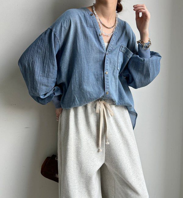  「シアーデニム袖リブVVシャツ」|シャツ・ブラウス|サックスブルー