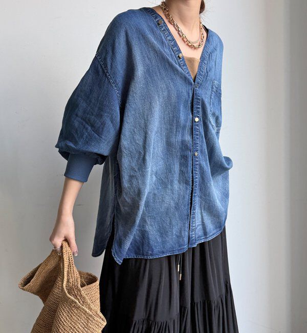  「シアーデニム袖リブVVシャツ」|シャツ・ブラウス|