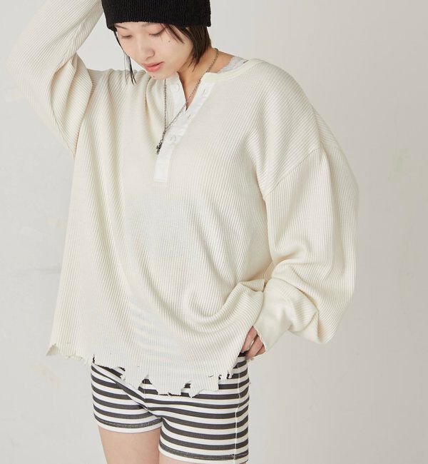  「【FromVintage】ダメージワッフルヘンリーL/STEE」|Tシャツ・カットソー|