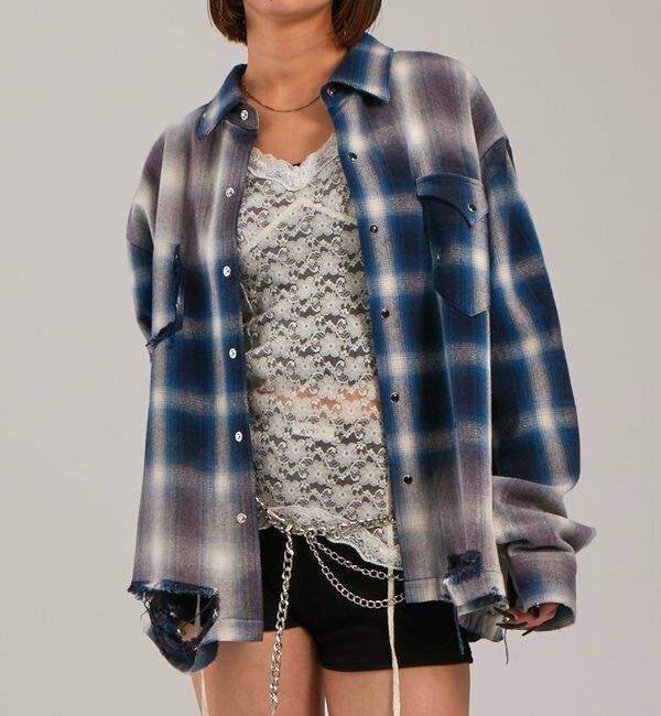  「【FromVintage】ダメージチェックシャツ」|シャツ・ブラウス|ブルー