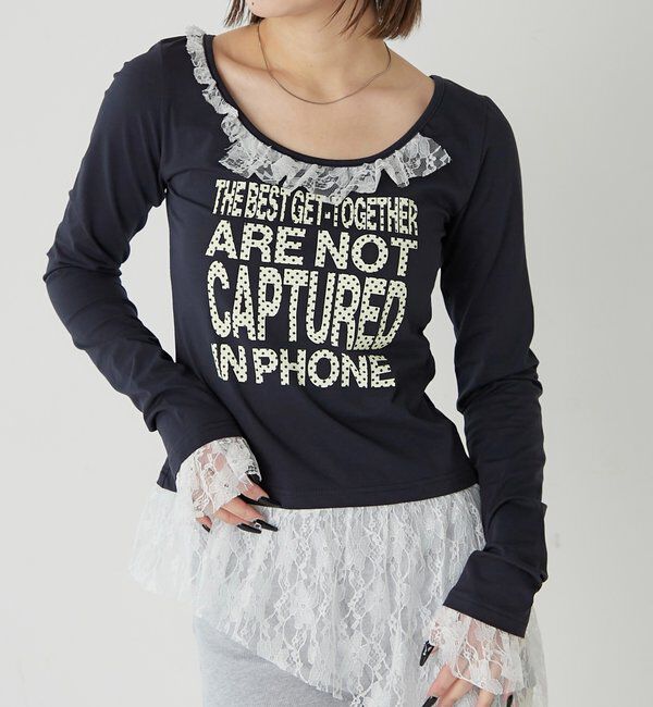  「【WEB限定】レースリメイクメッセージトップス」|Tシャツ・カットソー|ネイビー