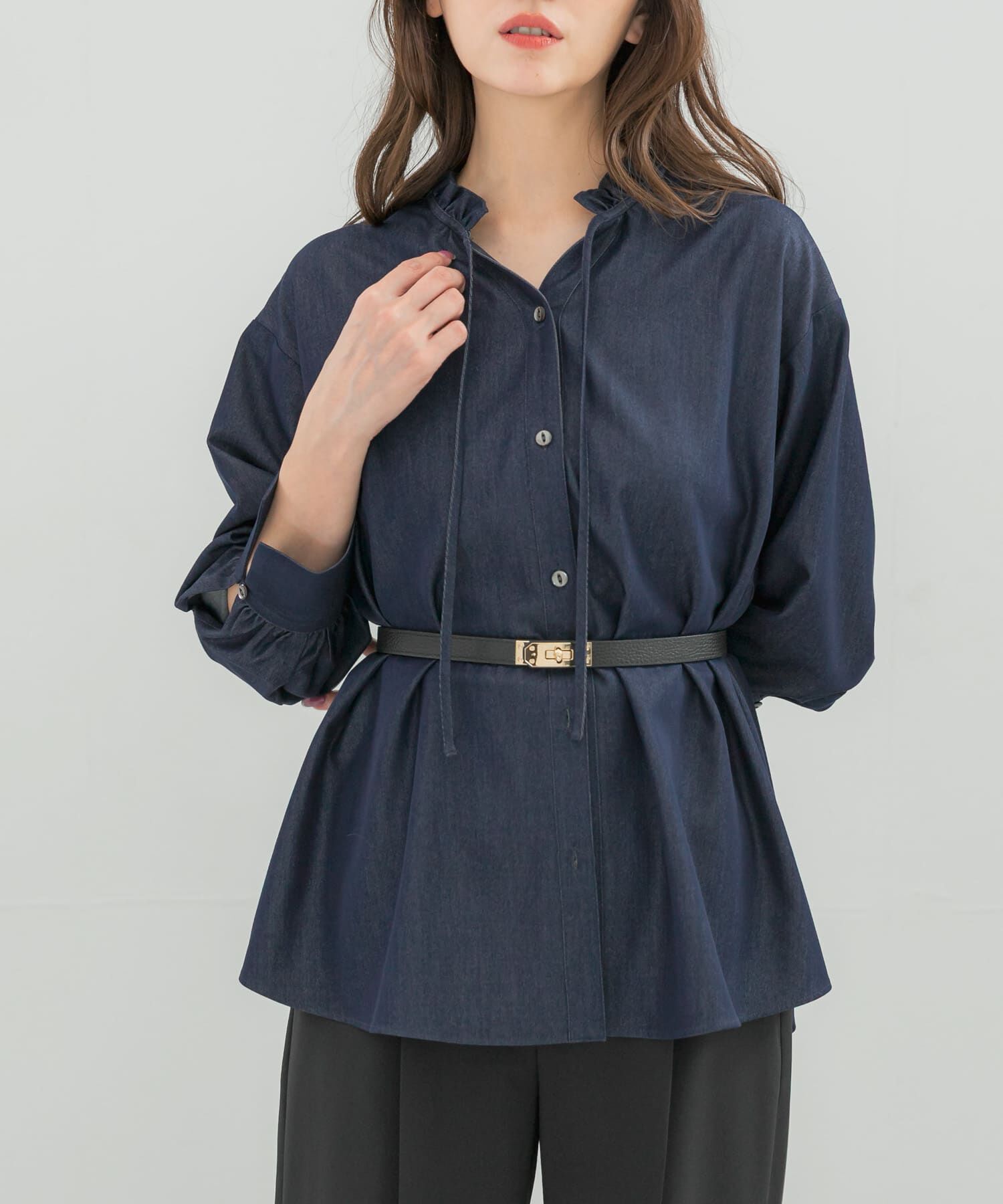 URBAN RESEARCH ROSSO「フリルネックデニムブラウス」|シャツ・ブラウス|