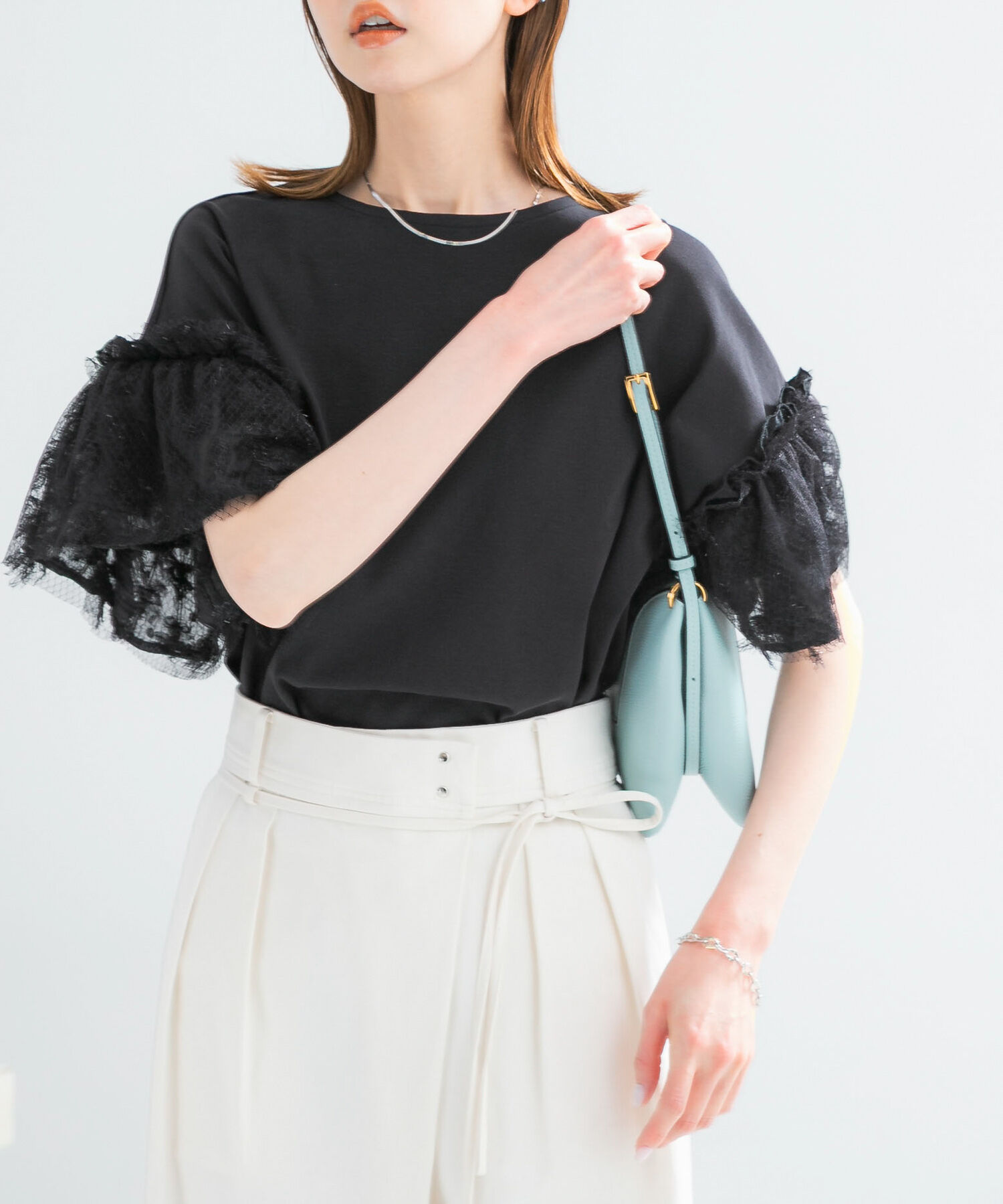 URBAN RESEARCH ROSSO「チュールドッキングTEEブラウス」|Tシャツ・カットソー|ブラック