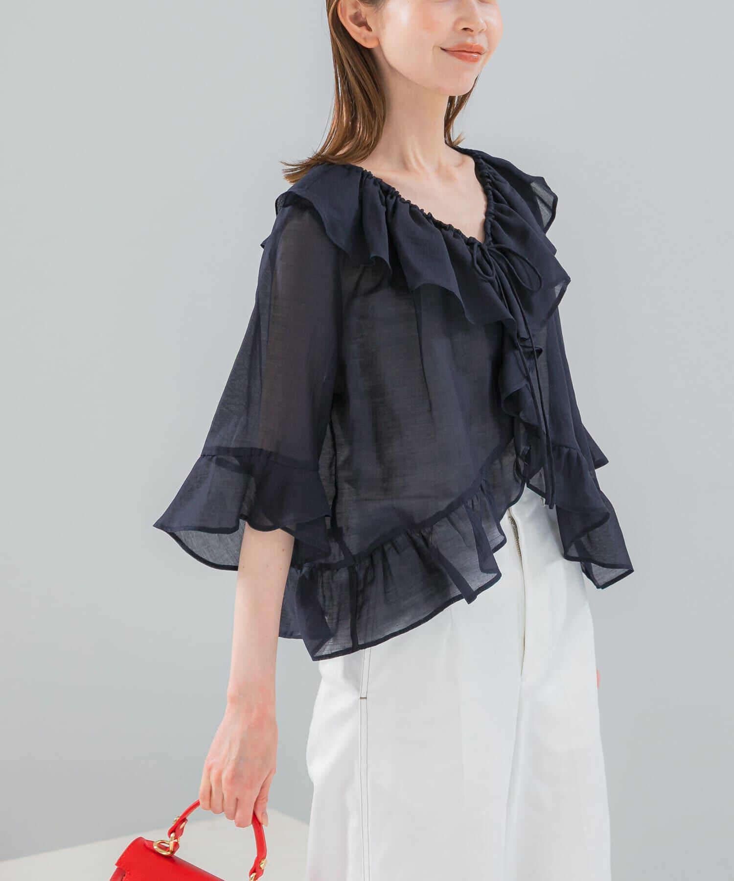 URBAN RESEARCH ROSSO「シアーフリルブラウス」|シャツ・ブラウス|ネイビー