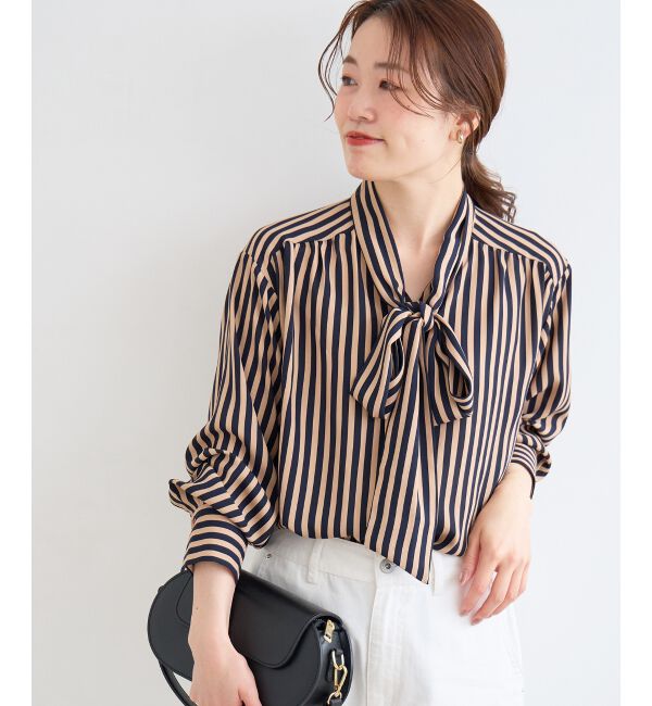  「【日本製】ストライプボウタイブラウス」|シャツ・ブラウス|ネイビー柄