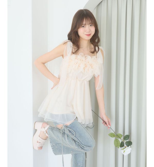  「ショルダーリボンフリルビスチェ」|キャミソール|ピンク