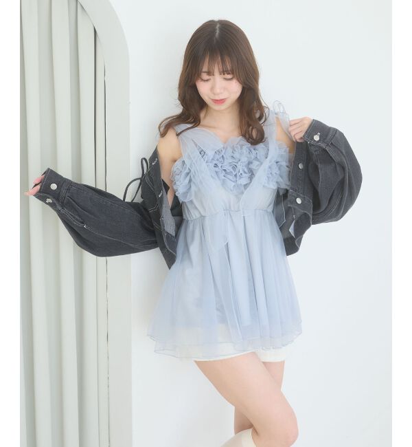  「ショルダーリボンフリルビスチェ」|キャミソール|グレー