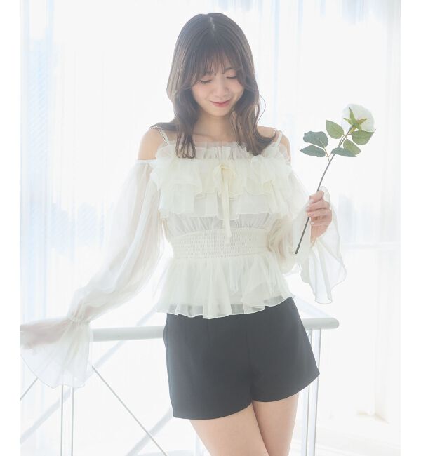  「チェーン付きシアーフリルブラウス」|シャツ・ブラウス|アイボリー