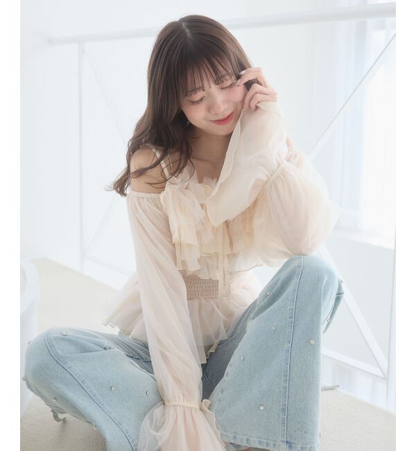  「チェーン付きシアーフリルブラウス」|シャツ・ブラウス|ピンク