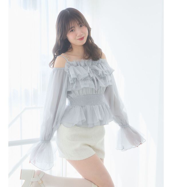  「チェーン付きシアーフリルブラウス」|シャツ・ブラウス|グレー