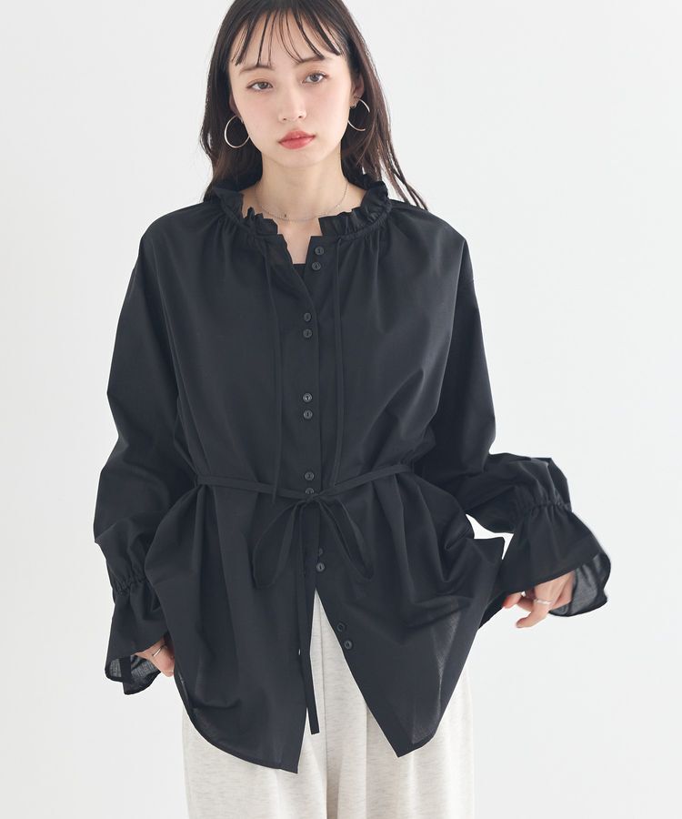 earth music&ecology「【接触冷感・イージーケア】TRキュプラダブルボタンフリルシャツ」|シャツ・ブラウス|Black