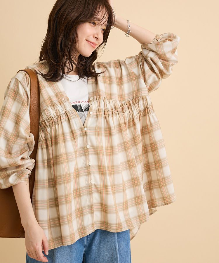 Green Parks「【しゃれシャツ】イージーケアVネックチェックブラウス」|シャツ・ブラウス|