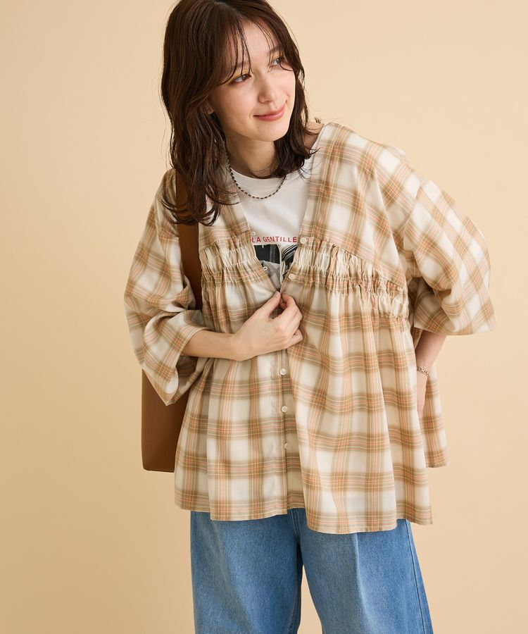 Green Parks「【しゃれシャツ】イージーケアVネックチェックブラウス」|シャツ・ブラウス|