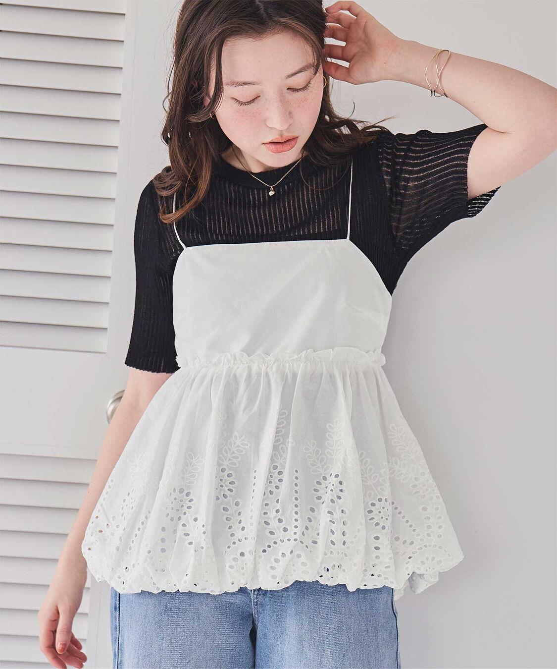 titivate「コットン刺繍レースキャミソールトップス」|Tシャツ・カットソー|オフホワイト