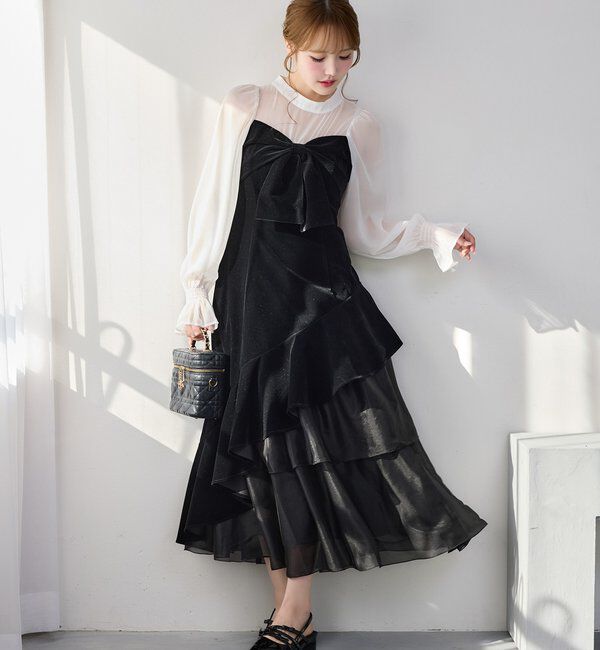  「ベロアリボン異素材ロングワンピース」|ワンピース|