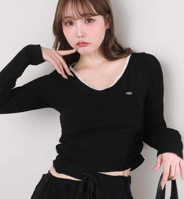  「プレート付きフロントギャザートップ」|プルオーバー|ブラック