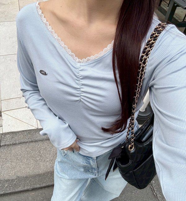  「プレート付きフロントギャザートップ」|プルオーバー|サックスブルー