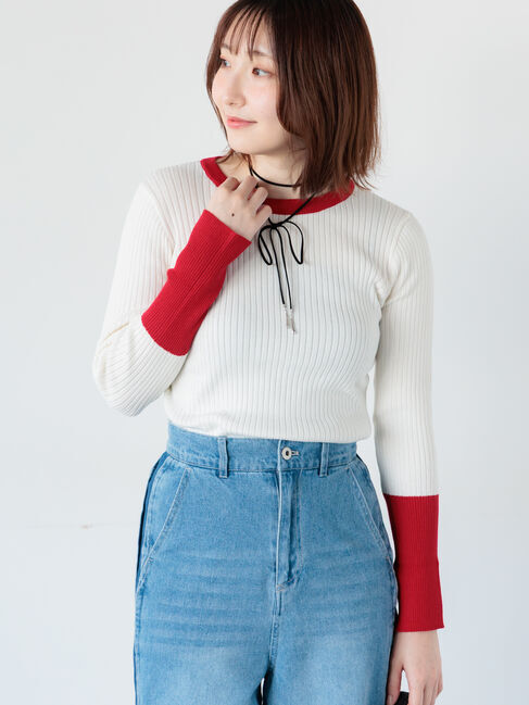 Te chichi TERRASSE「袖バイカラーリブニット」|ニット・セーター|オフホワイト